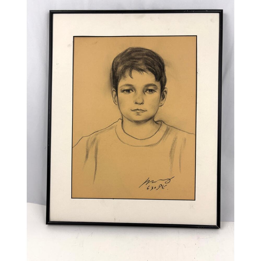 Vintage Pencil Drawing of Boy - Wall Art Portrait 1990s OOAK‎